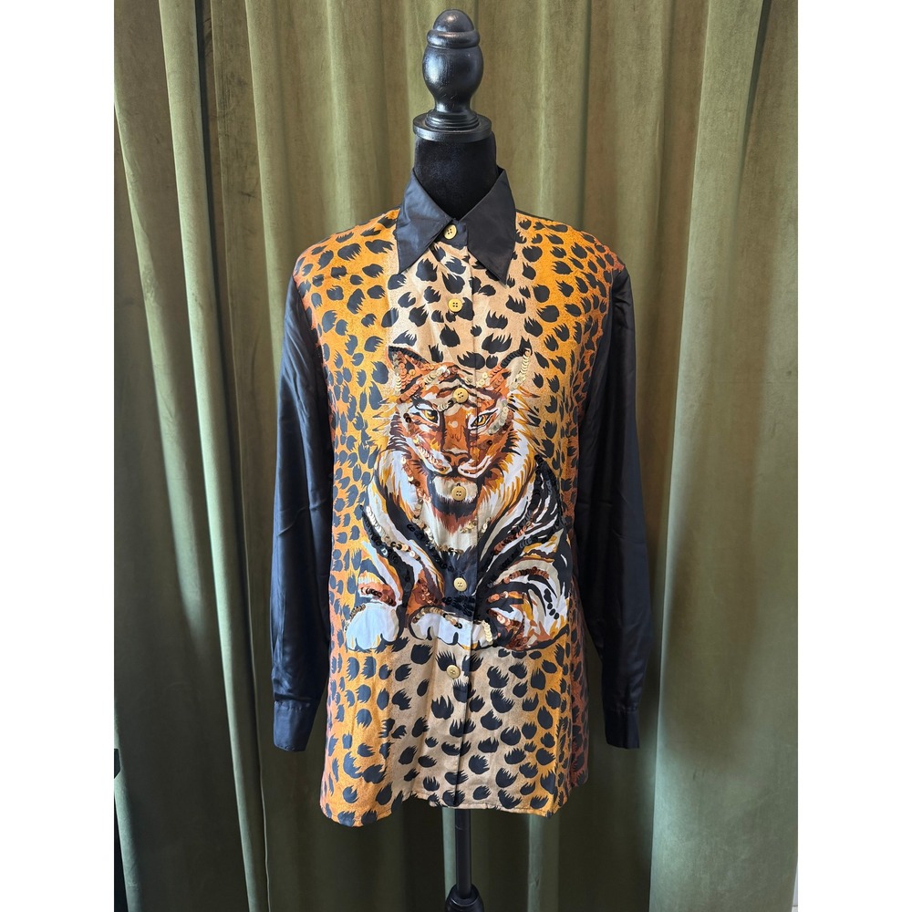 Diane Gilman Silk Tiger Leopard Print Sequin Button Down Shirt Black Brown Small
